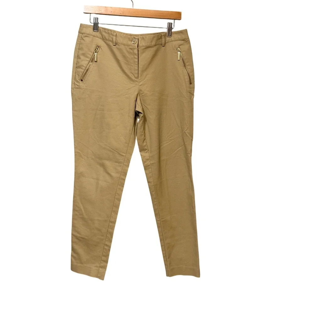 Michael Kors Womens Khaki Gold Zip Chino Pants Tan Slim Leg Size 8